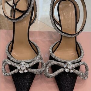 MACH & MACH Double Bow Black Glitter Heels with Crystal Bow; Size 37.5